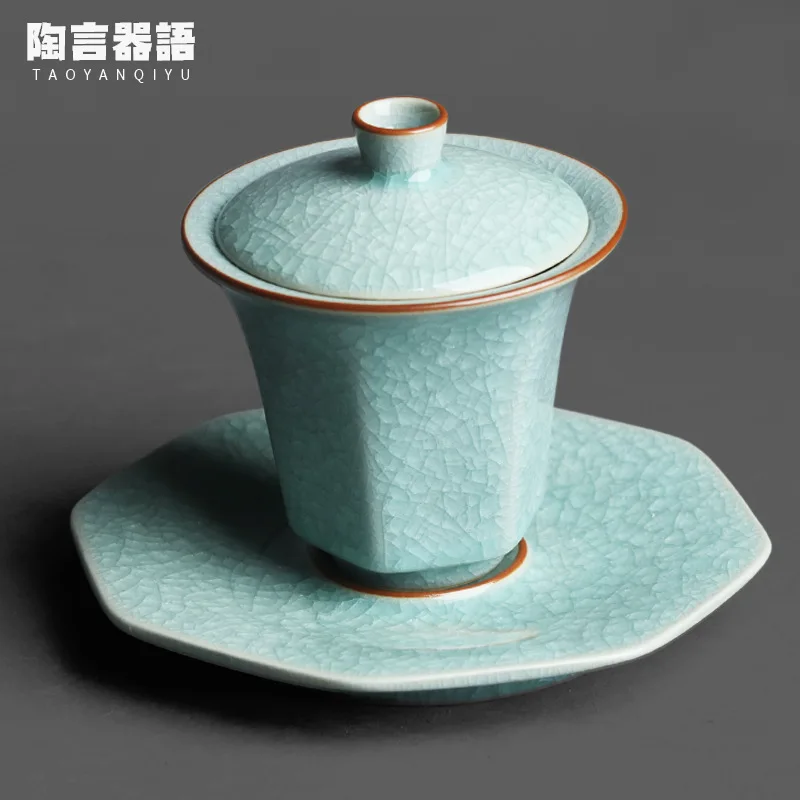 Original ore celadon ice flower glaze square round cover bowl ice crystal broken glaze texture wide mouth hand-held tea bowl