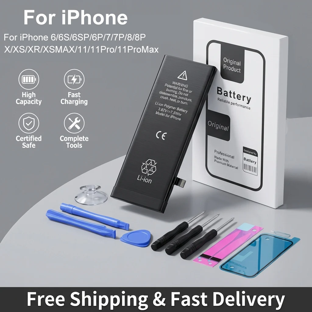 

Replacement Battery for IPhone XR XS Max 8 8 Plus 6s 6 Plus 7 Plus 11 Pro Max High Capacity Li-ion Long Lasting + Free Tools
