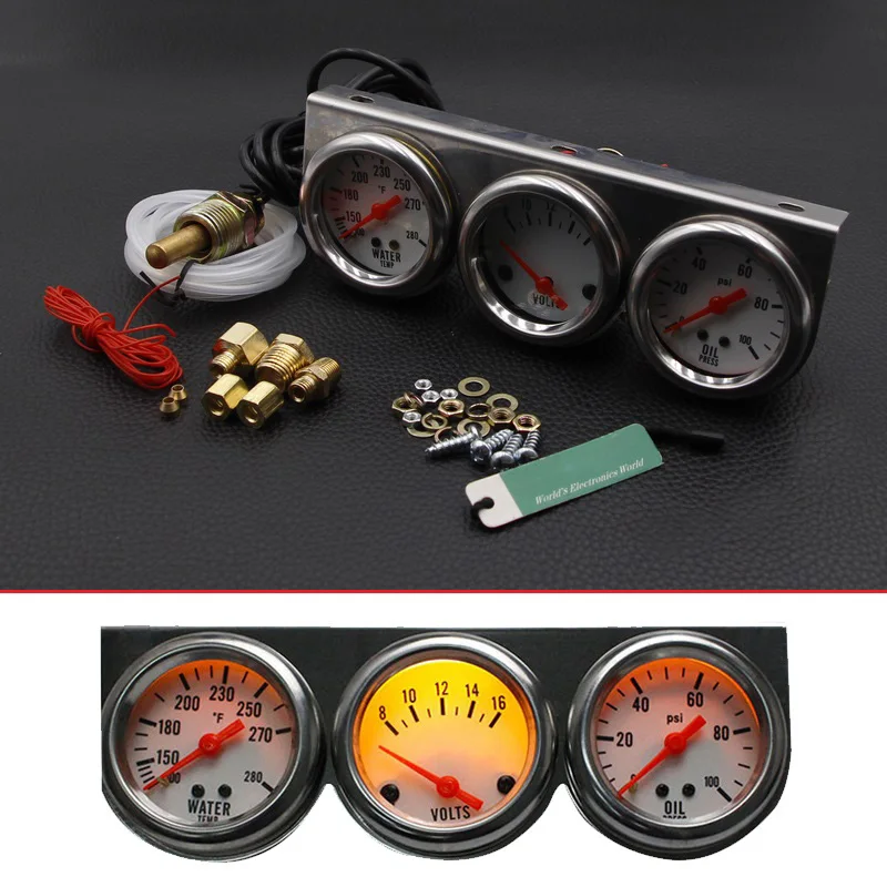 

2"/52mm 3in1 Gauge Kit 3in1 Water Temp Voltage Volt Oil Pressure Gauge Car Meter