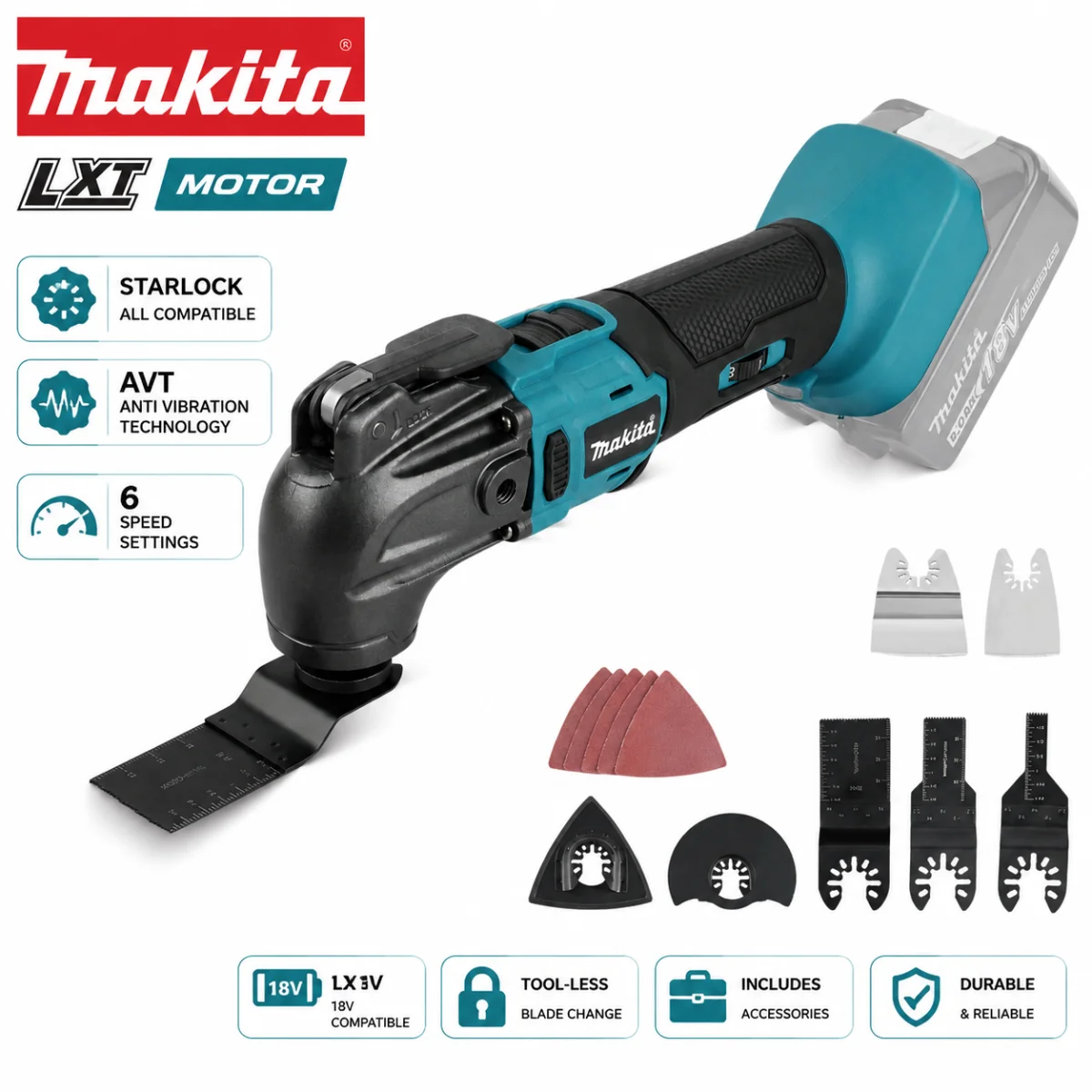 Makita 18V 6Ah Battery 6‑Speed Oscillating Multi‑Tool for Cutting Sanding Scraping, Makita DTM51 Cordless Renovation Power Tool