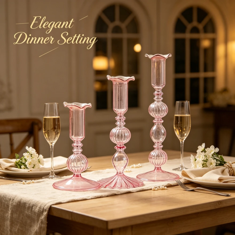 2/3PCS Transparent Glass Candlestick Holders Vintage Wave Rim Fluted Taper Candle Holders Wedding Party Table Decoration