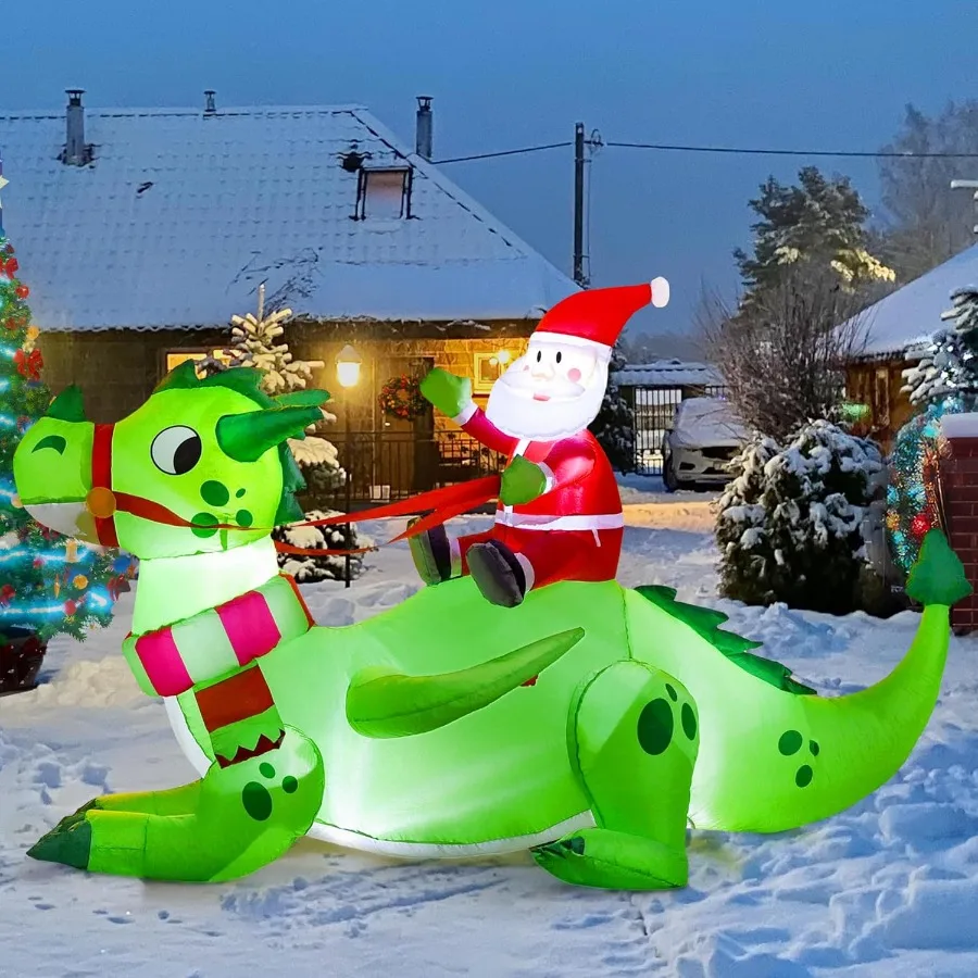 Dragón inflable de Navidad de 6 pies de largo, decoración al aire libre, Papá Noel inflable, dragón verde con LED, Papá Noel inflable de Navidad