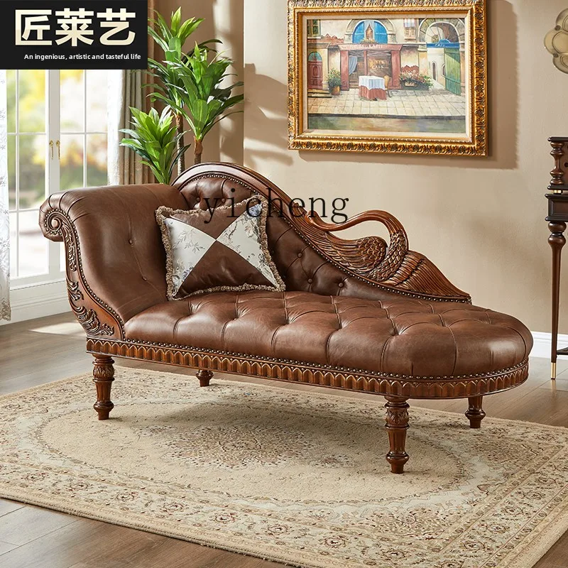 

LX Solid Wood Chaise Lounge Chair Living Room Genuine Leather Recliner Leisure Chaise Chair