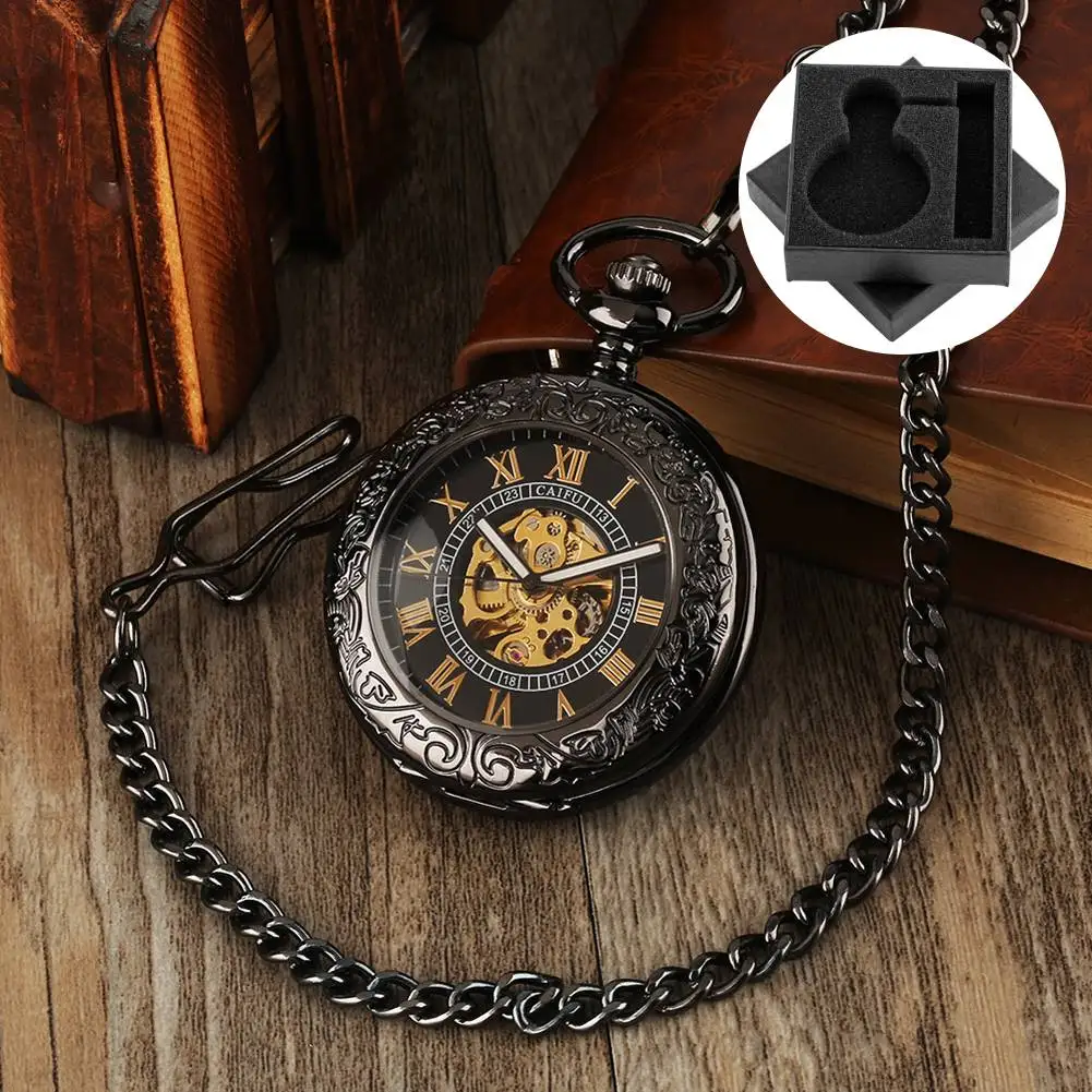 Retro Black Transparent Glass Mechanical Self Winding Pocket Watch Men's Fob Chain Pendant Clock Automatic Timepiece Gift