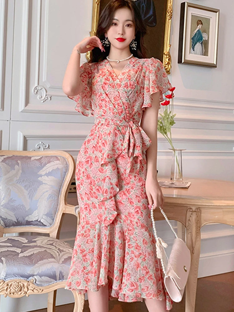 Urlaub Lange Kleider für Frauen Süße Elegante Chiffon Kurzarm Rüschen Gürtel Fischschwanz Robe Party Straße Urlaub Vestido Mujer