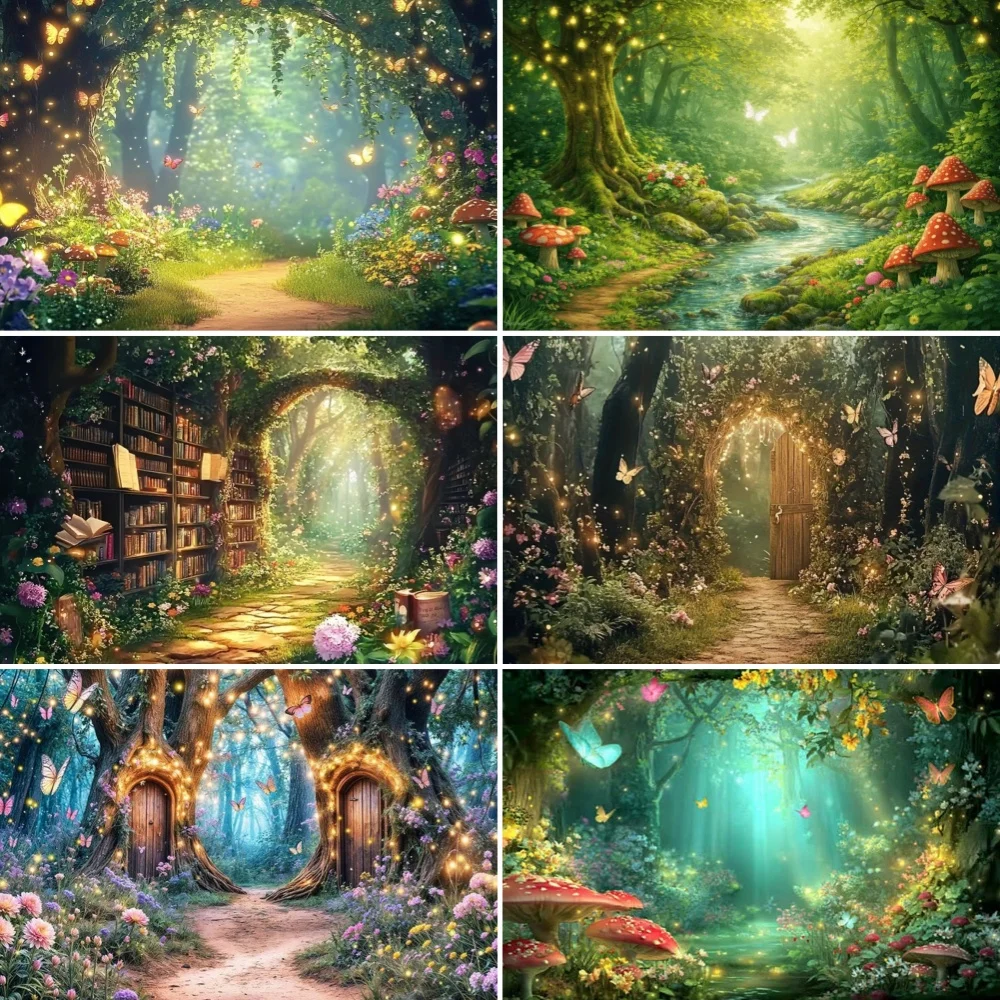 Décor de fête sur le thème de la forêt enchantée, toile de fond champignon et papillon, fournitures de photographie, bannière