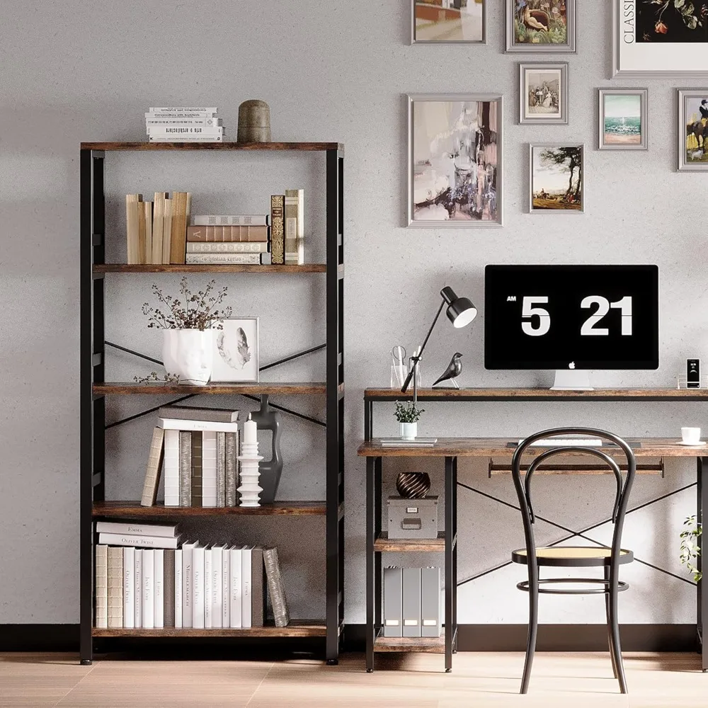 

Bookshelves and Bookcases, 31.5in Wide Shelf 5-Tier Ladder Shelf 110lbs/shelf Vintage Industrial Style Bookcase