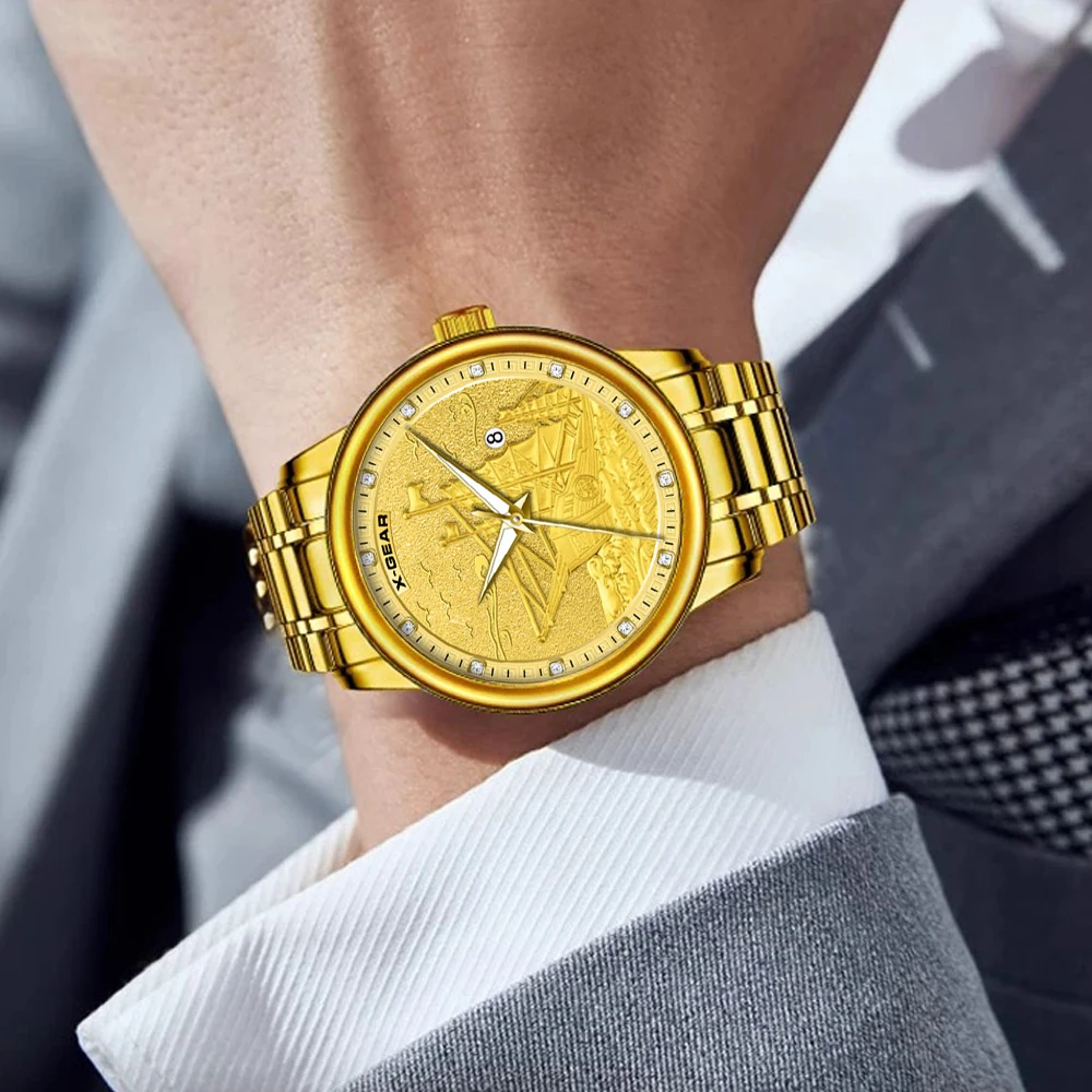 นาฬิกาข้อมือผู้ชาย X-GEAR รุ่น Golden Watch หน้าปัดทรงเรือ กันน้ำ พร้อมปฏิทิน ระบบควอตซ์ ตัวเรือนสแตนเลส