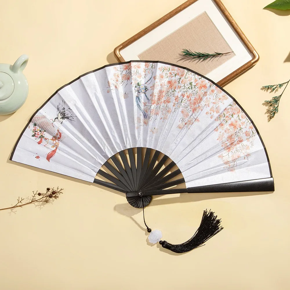 Outdoor Silk Vintage Folding Fan Bamboo Tassel Elegent Hand Fan Hand Fan Colorful Shank Classical Dance Fan Clothing Accessories