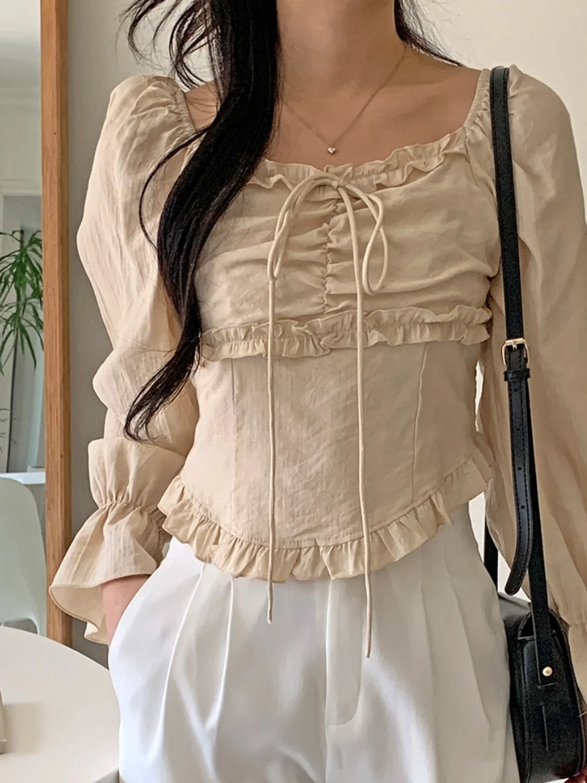 

Sl Splice irt Women's Collar Pleated Tube Top Waist Cinching Slimming ort Sve Cotton Bell Sve Top