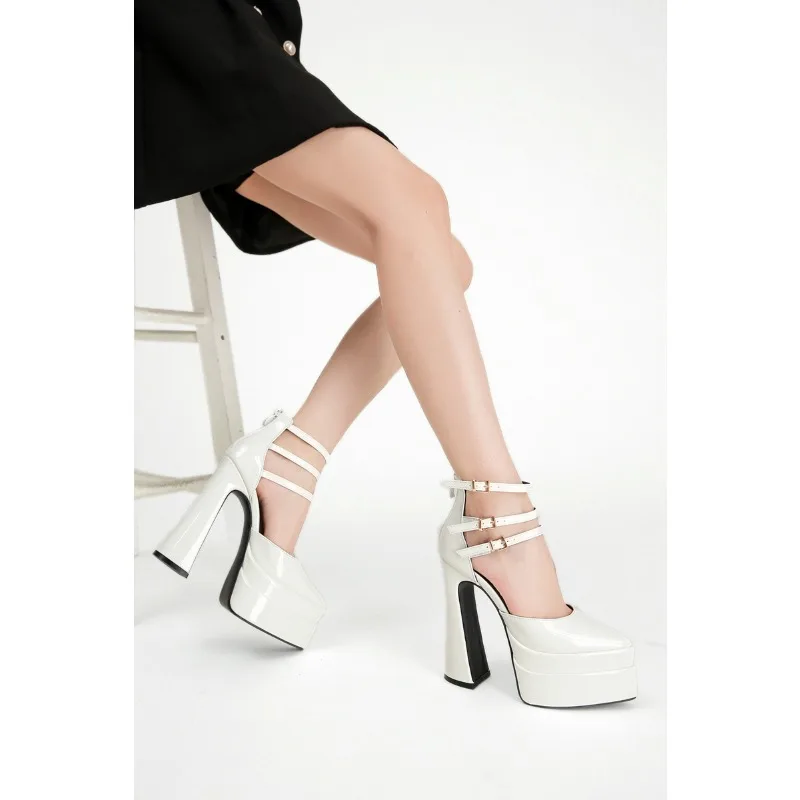 New Womens 14CM Chunky Heel Pointed Toe Sandals Buckle Patent Leather Cutout Platform Runway Super High Heels