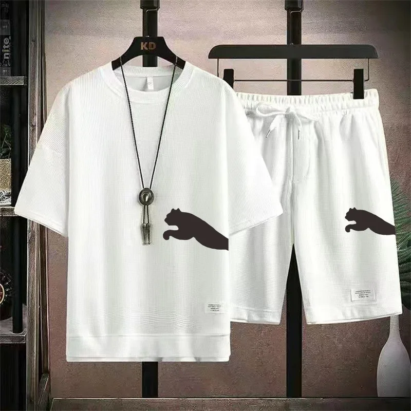 

Men's casual fitness jogging breathable sports set, summer loose and fashionable short-sleeved T-shirt + shorts two-piece set