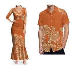 Summer Temperament Fishtail Skirt Women'S Dress Men'S Short Sleeve Shirt Polynesian Floral Print Custom Couple Dress