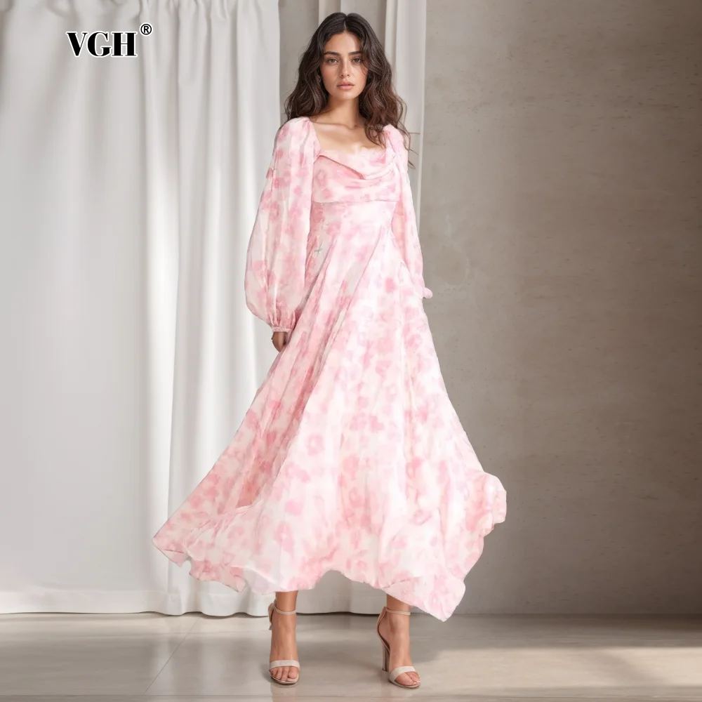 

VGH Elegant Print Dresses For Women Square Collar Lantern Sleeve High Waist Tunic Hit Color Fashion Pleated Dress Female