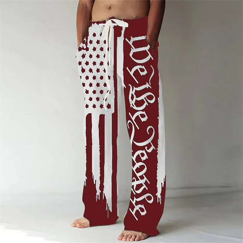 Line National Flag Printed Casual Loose Pants New Modne spodnie z prostymi nogawkami Męskie spodnie z cienkiego lodowego jedwabiu z szerokimi nogawkami WR6