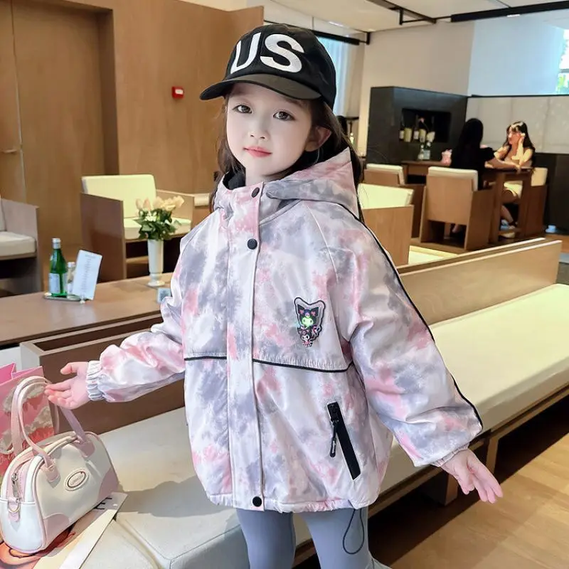 Sanrio Kuromi Baby Girls Jacket 2024 Winter New Fashion Tie-Dye Coats Kids Velvet Thicken Hooded Windbreaker Children's Clothing