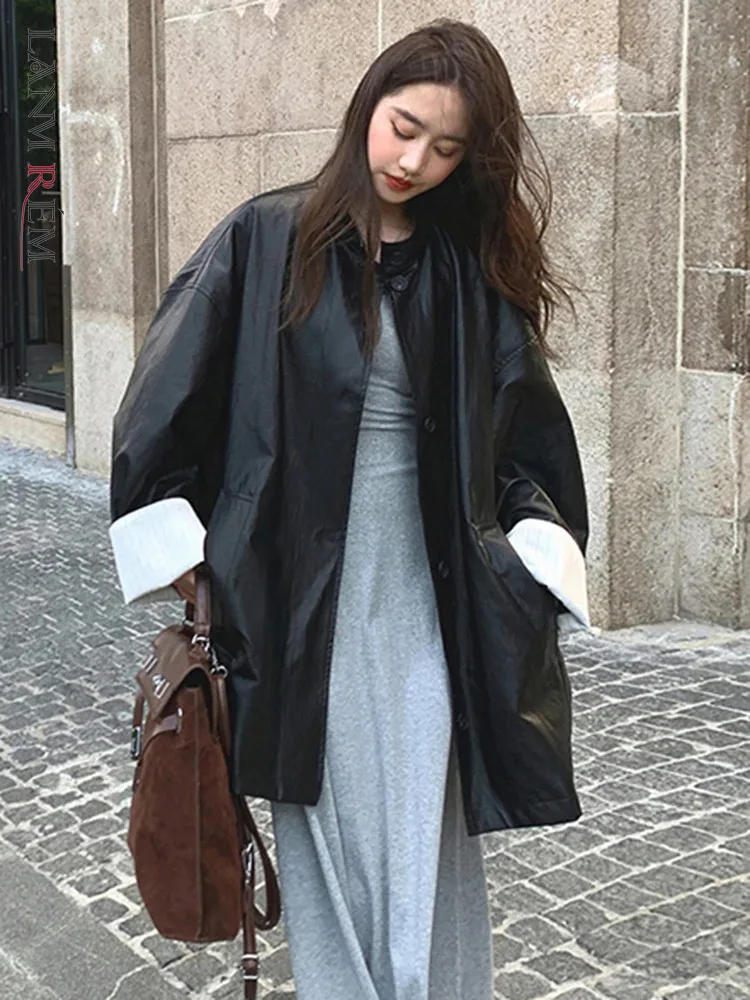 LANMREM, abrigo de longitud media de cuero negro a la moda para mujer, chaquetas holgadas con cuello levantado y una botonadura, Ropa nueva de otoño 2024 2VV1681