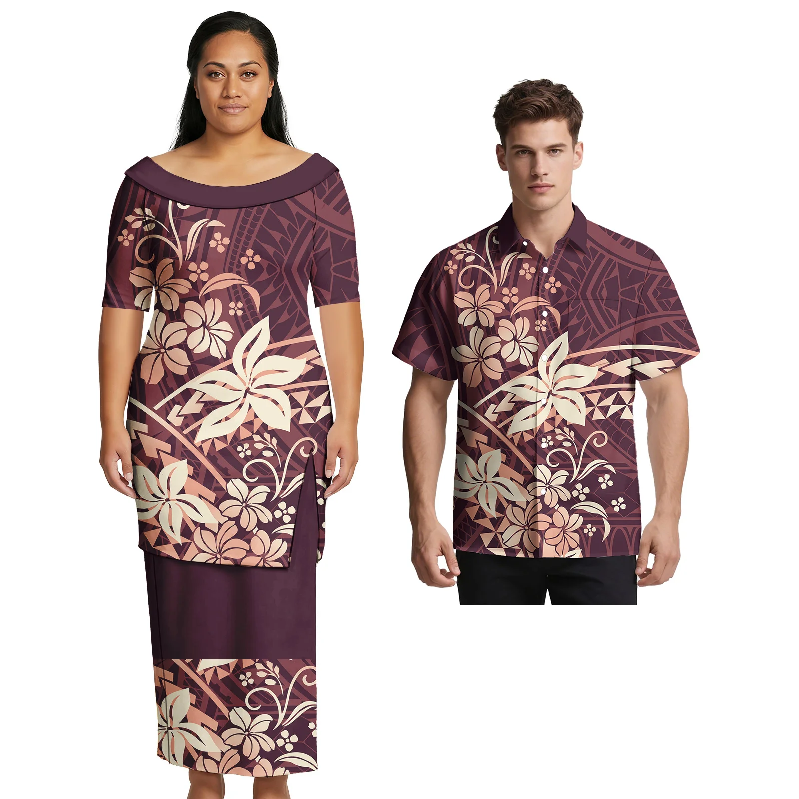 Unisex Plumeria Hawaiian Print Custom Clothes Samoan Couple Suit Polynesian Oversize Women Skirts Men Shirt Couple Match Outfits