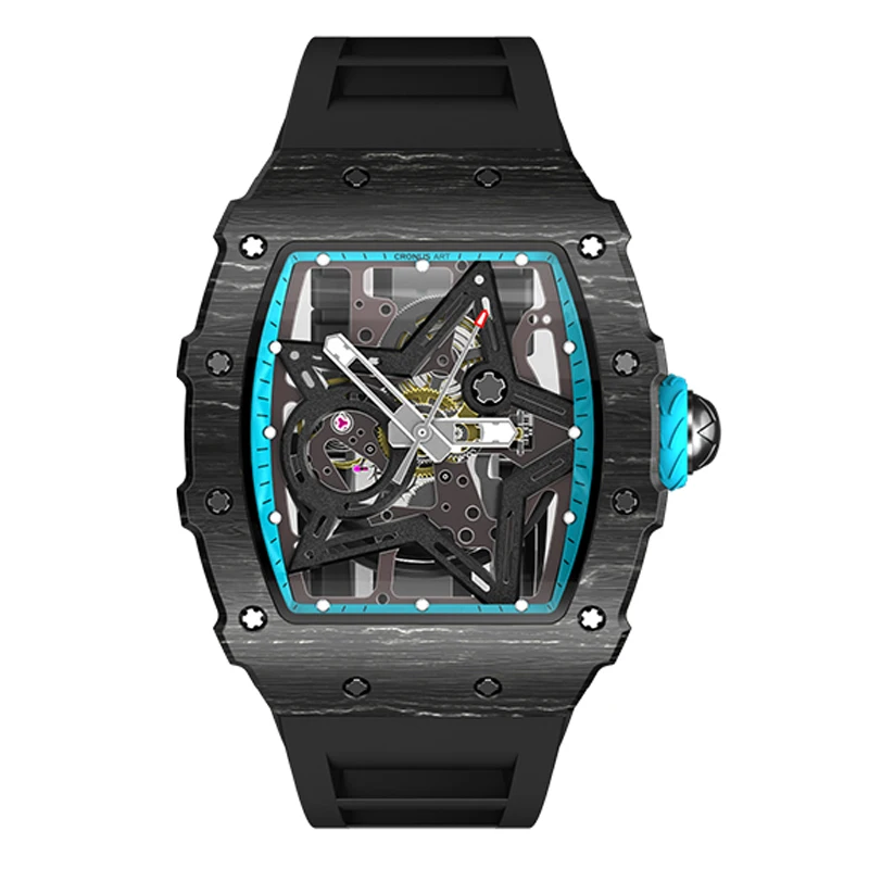 

CRONUSART Men Automatic Watch Luxury Tonneau Mechanical Wristwatch Carbon Fibre Case Luminous Fluororubber Strap Skeleton Dial