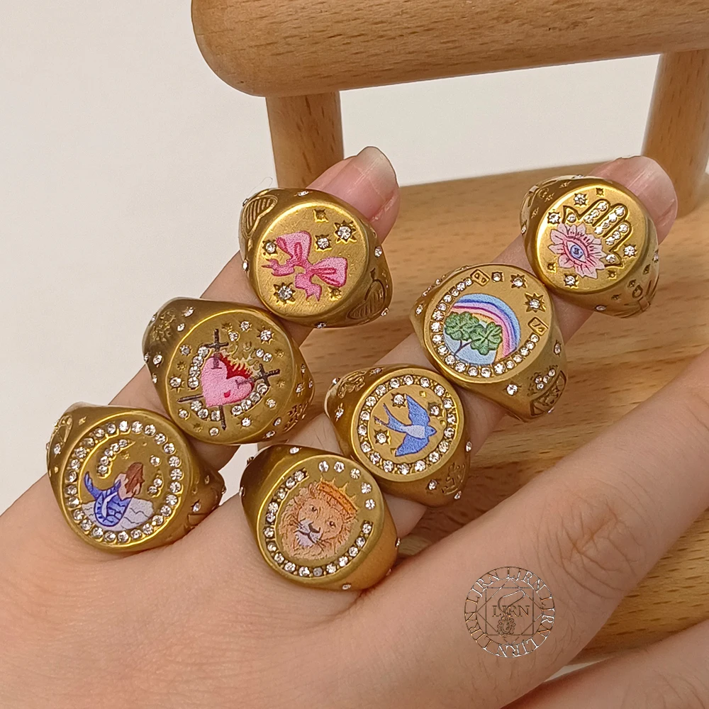 

2025 New Finger Ring Copper Gold Color Plated Metal Tarot Enamel Stainless Steel Rings for Women Jewelry
