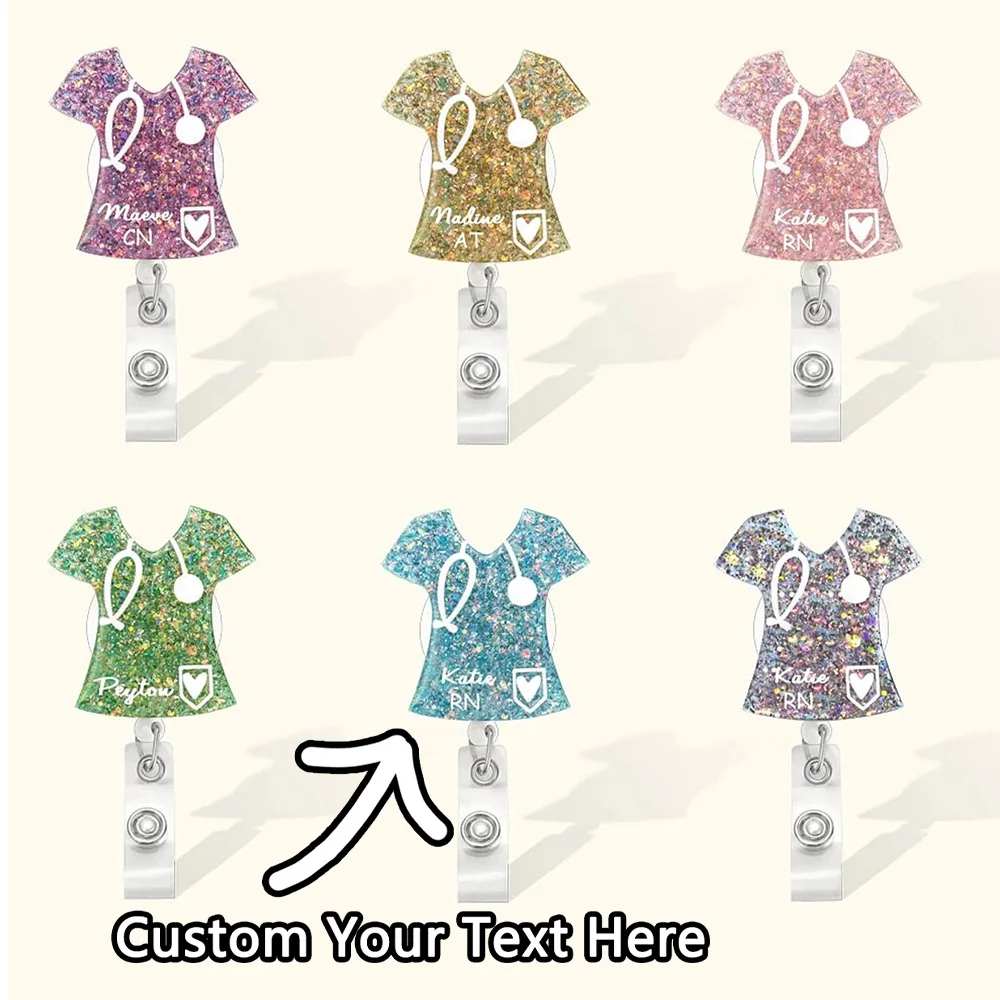 Personalized glittery sequin acrylic health badge scroll, with a unique nurse uniform design and a name attached, making it an i