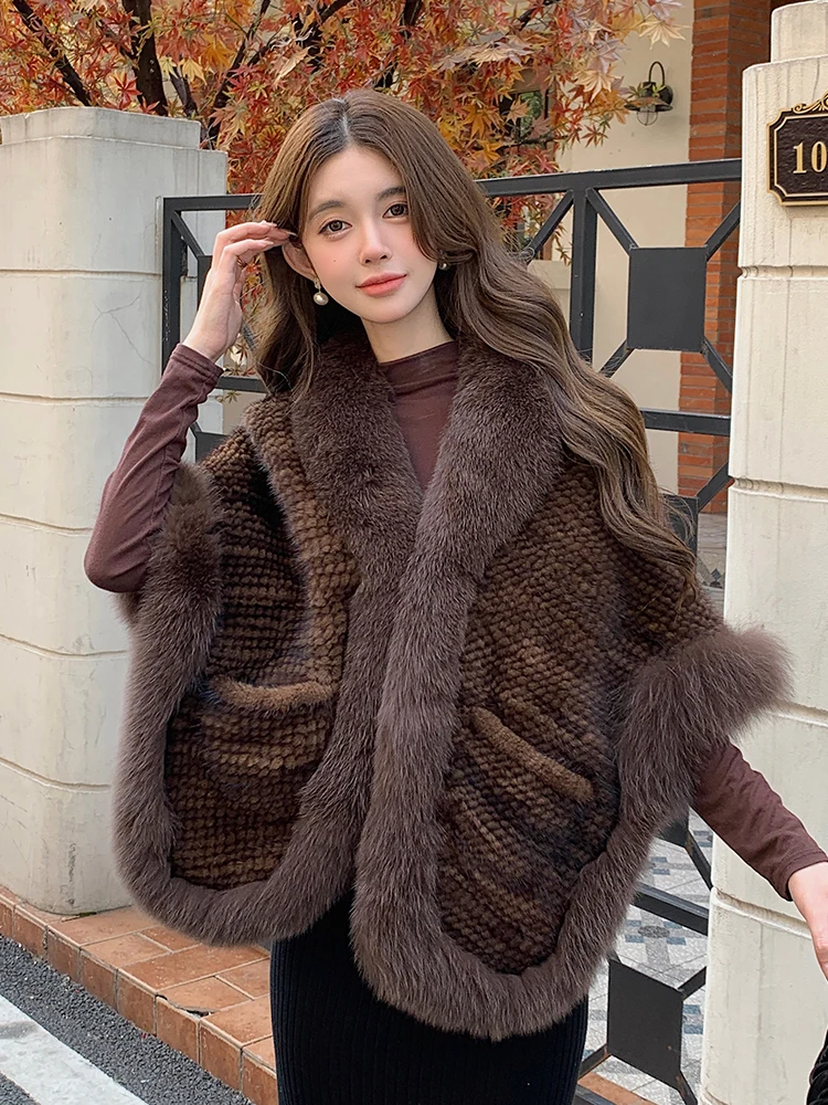 2025 New Real Mink Fur Coat Women Autumn Winter Shawl Knitted Genuine Fur Jacket Cape Scarf Natural Fox Fur Collar Luxury Cloak