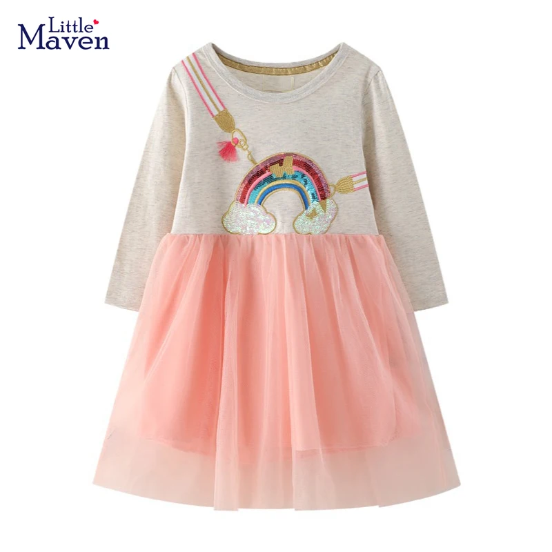 Little maven Elegant Dress for Girl Long Sleeve Clothes Rainbow Sequins Bags Design Toddler Girls Dresses for Back to School