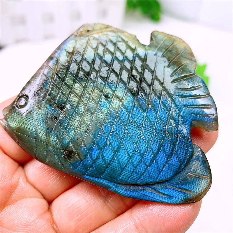 Natural Labradorite Fish Carving Tail Carving, Hand Polished, Reiki Healing, Crystal Gift, Room, Office, Home Decoration, 1Pc