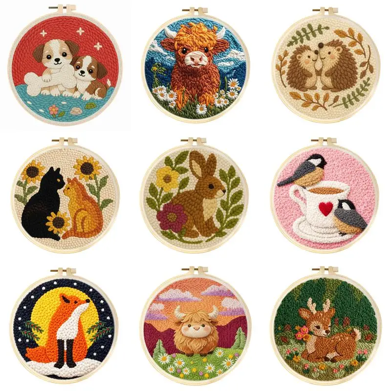 DIY Punch Needle Kits Cute Animal Pattern Fabric With Hoop Easy For Beginners Yarn Embroidery Starter Set Craft Home Decor 20x20