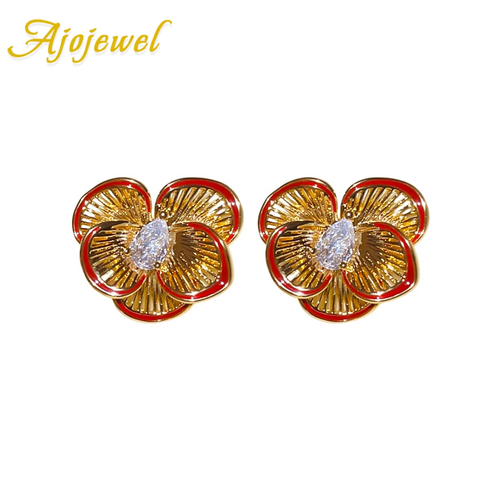 

Ajojewel Vintage Golden Hollow Flower Stud Earrings With Zircons For Women High-end
