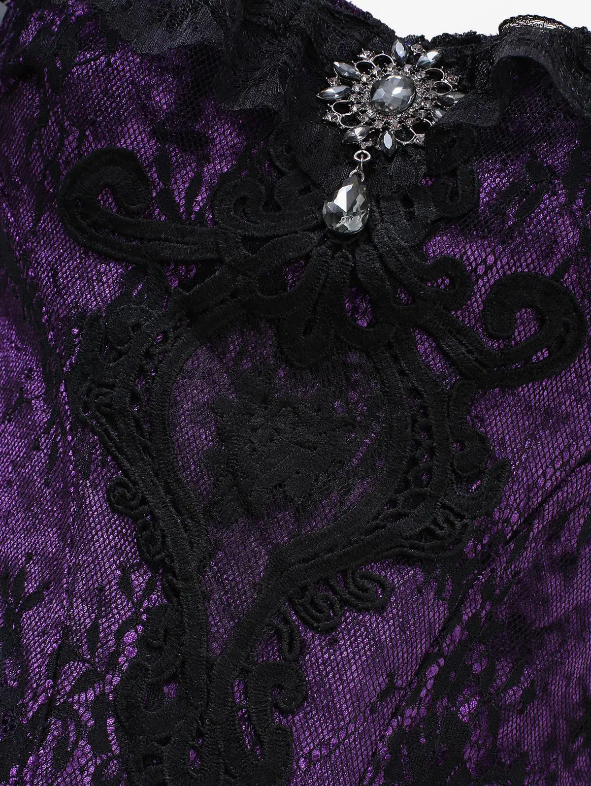 Gothic Strapless Corset Floral Lace Overlay Applique Off The Shoulder Glitter Sparkling Buckle Hem Corset