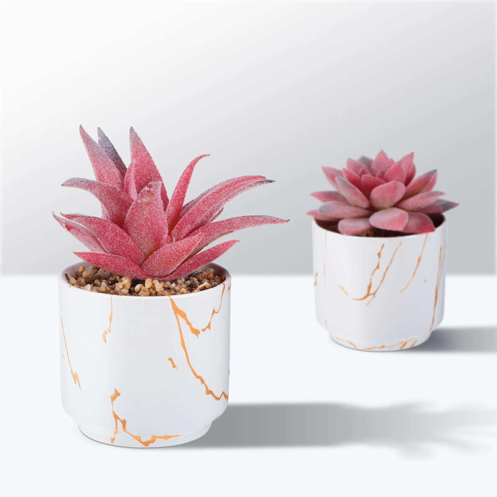 3 Pcs Gold Pattern White Background Ceramic Cup Small Fake Plant Succulents Basin