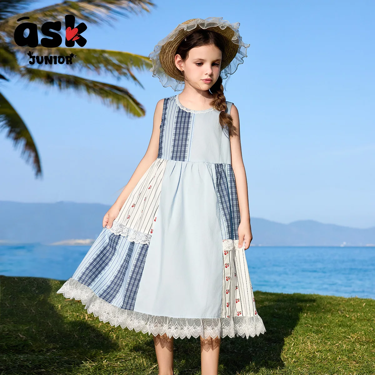 فستان بناتي صيفي متباين الألوان بدون أكمام #3