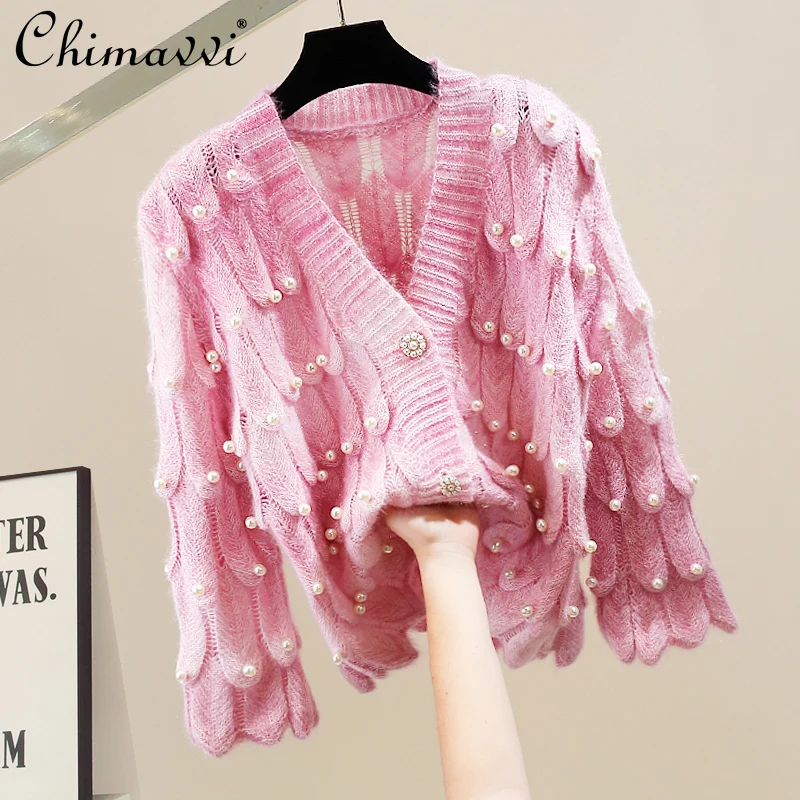 European Station New Fashion Heavy Beads Sexy Long Sleeve Sweater Sweet Ladies Loose Elegant Versatile Knitted Cardigan Jacket