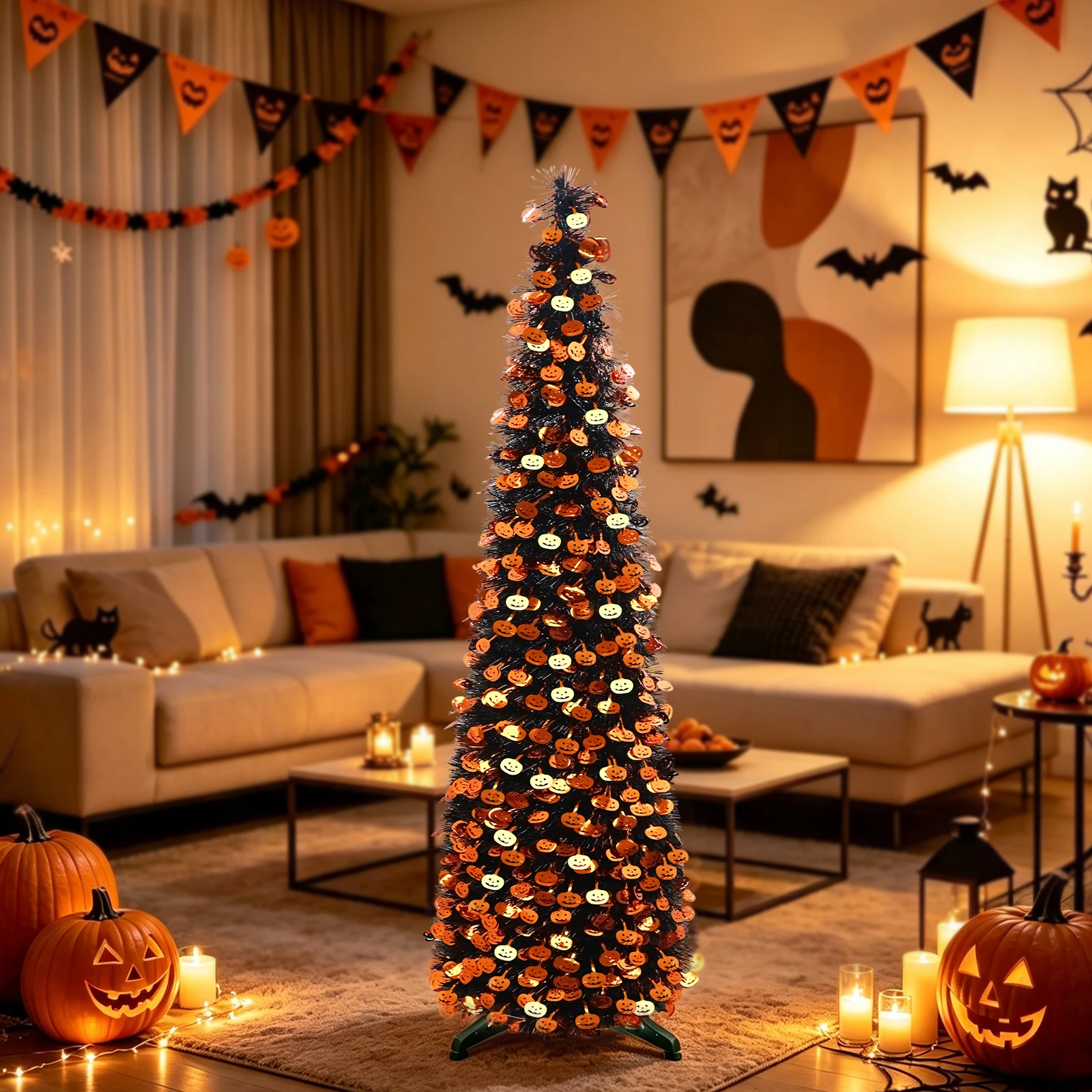 5Ft Halloween Pop Up Artificial Tree with Glitter Pumpkin Ornaments Orange Purple LED Lights No Battery Included Metal Foil Tree for Halloween Party Home Living Room Decor 6