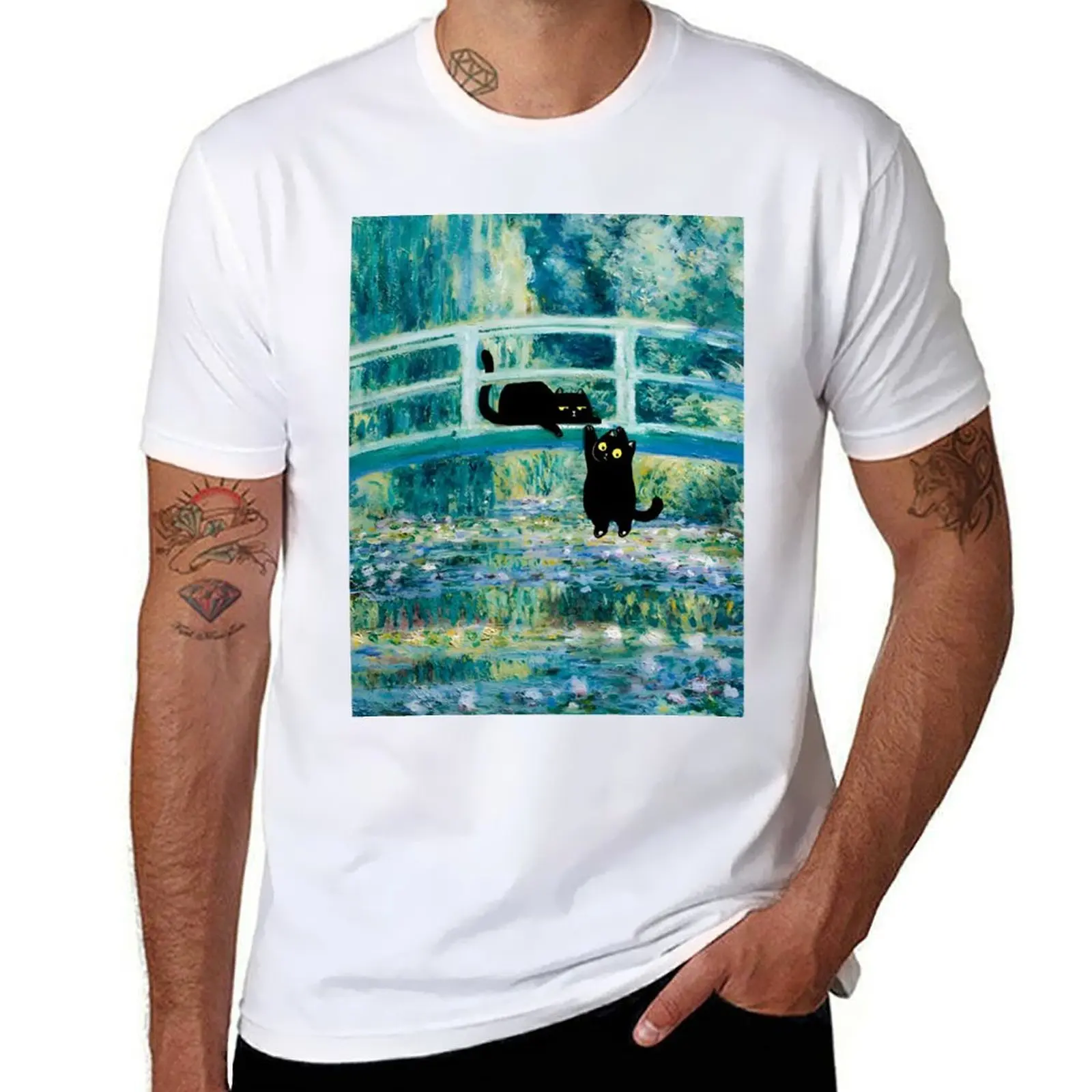 

Bridge over a Pond of Waterlilies Cat T-Shirt t shirts for man pack white printed t shirts for man T-Shirt