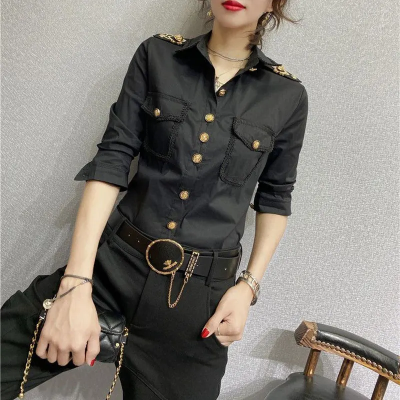 Streetwear Fashion Epaulet Shirt Spring Autumn Chic Single-breasted Women\'s Clothing Solid Color Bright Line Decoration Blouse