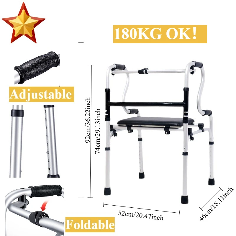 

Aluminum Alloy Walker Folding Disabled Rehabilitation Walker PE Seat Plate Four-legged Crutches Stable Mobility Aid