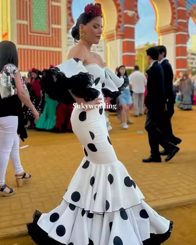 Black White Flamenca Evening Dress Polka Dot Mermaid Ruffles Prom Dancer Party Gowns Formal Occasion Wear Dance Dress Customized