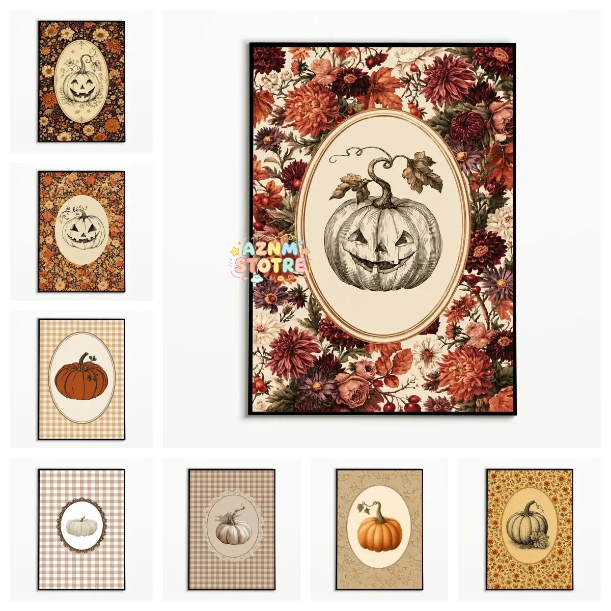 1PC Vintage Floral Pumpkin Poster Autumn Halloween Wall Art Thanksgiving Harvest Canvas Printing Fall Gift Room Wall Decorati