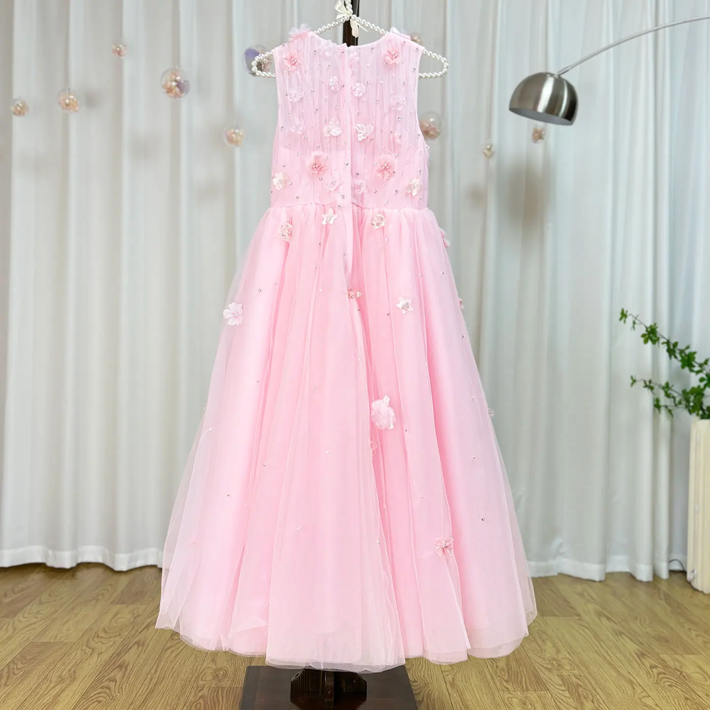 Jill Wish Luxury Dubai Blush Flower Girl Dress Pearls Princess Kids Wedding Birthday Party Evening Gown Communion 2024 J200