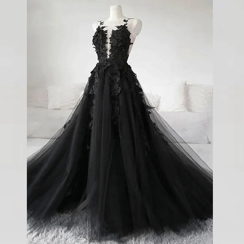 

ANGELSBRIDEP Gothic Black Long Wedding Dress Floral Bridal Gown Vestidos De Novia Sexy Tulle Wedding Gowns Trouwjurk Plus Size