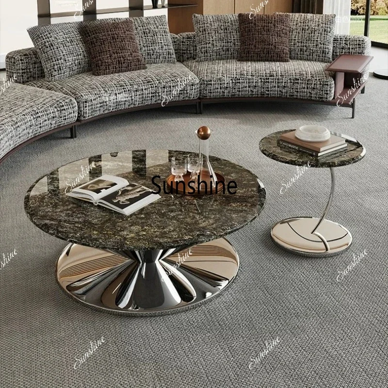 Flying Saucer Marble Coffee Table Italian Minimalist Round Cocktail Table Silver Metal Base Accent Living Room Home Furniture