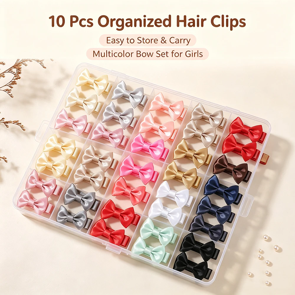 10Pcs Multi-color Satin Bow Hair Clips for Kids Cute Baby Bows Alligator Barrettes for Girls Daily Hairstyle Decoration