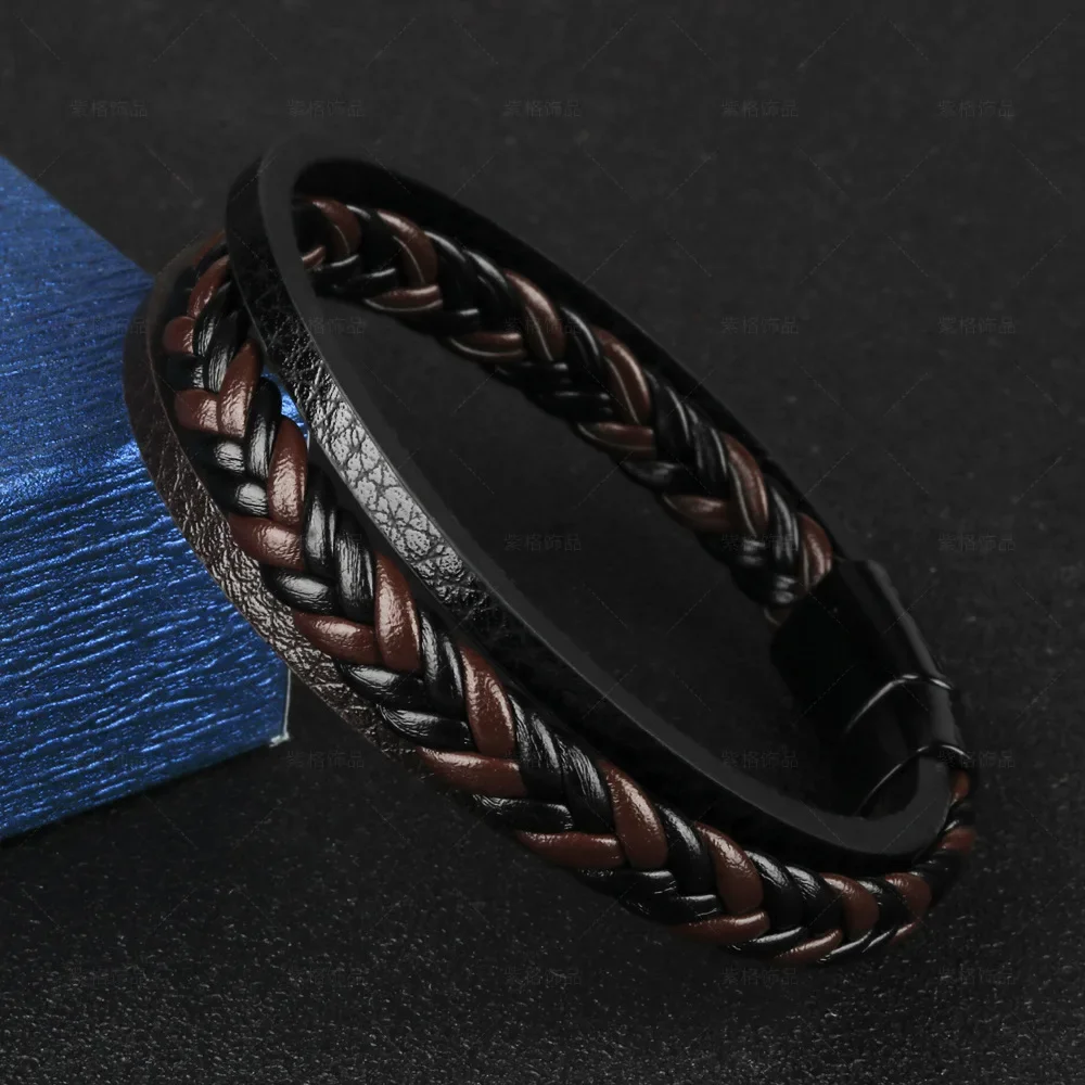 Charmsmic Vintage Tone Mens Brown Leather Bracelet & Bangles Alloy Magnetic Clasp Simple Design Multilayer Hand Jewelry