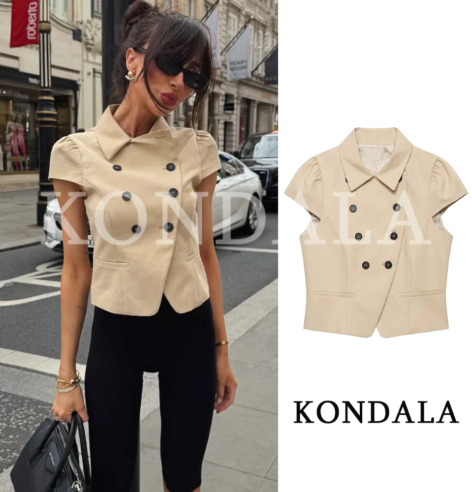 

KONDALA Women Trendy High Street Double Breasted Blazer Slim Fit Short Sleeve Blazer 2026 Summer Commute Lady Slim Short Blazer