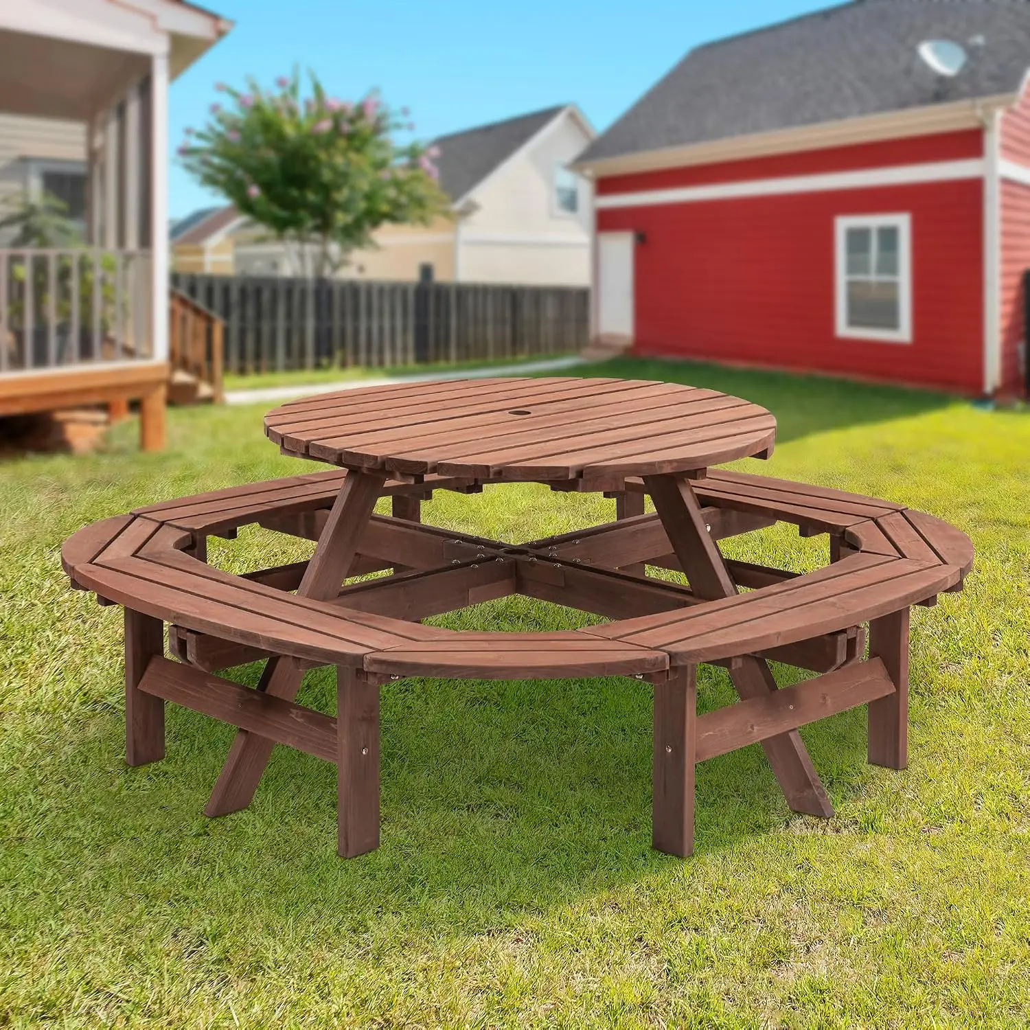 8-12 Person Outdoor Round Wooden Picnic Table with 8 Built-in Benches, Umbrella Hole, Outside Table and Bench Set, Customized