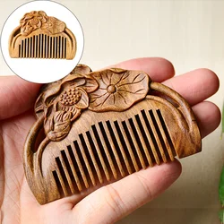 Green Sandalwood Comb Durable Solid Wooden Carved Lotus Hair Brush Scalp Massager Ergonomic Grip Lightweight Portable