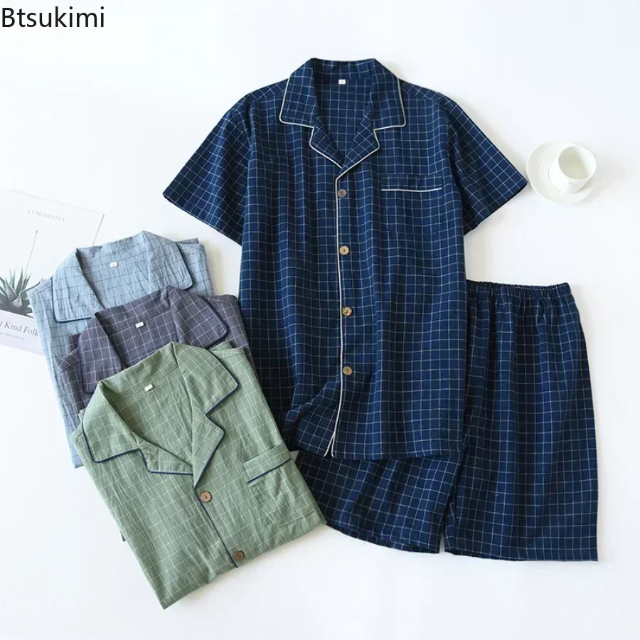 Ensemble de pyjama d'été pour homme, chemise fine à manches courtes et short, coton à carreaux doux, service à domicile japonais simple, ensembles trempés, 2025