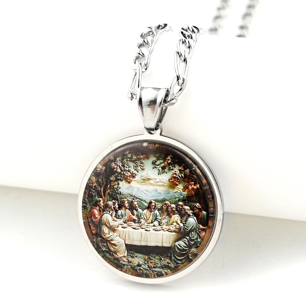 The Last Supper Twelve Apostles Glass Medal Pendant Necklace Women Men Stainless Steel Gold Color Christian Amulet Chain Jewelry